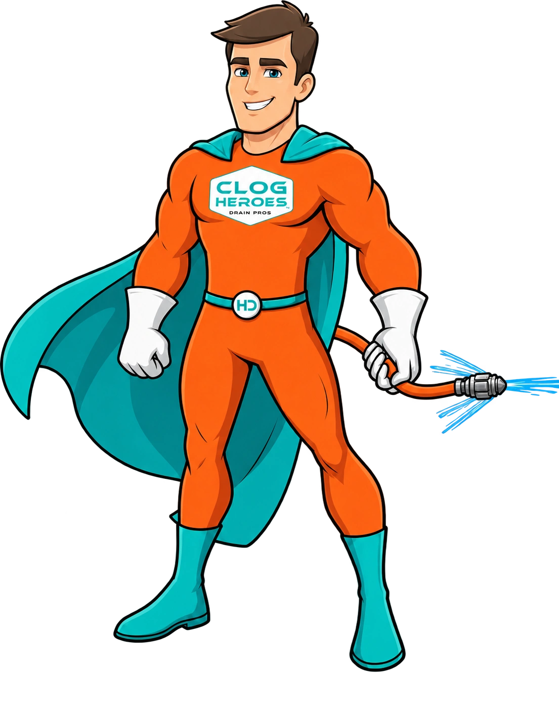 The Clog Heroes mascot, a superhero plumber ready to clear your drain